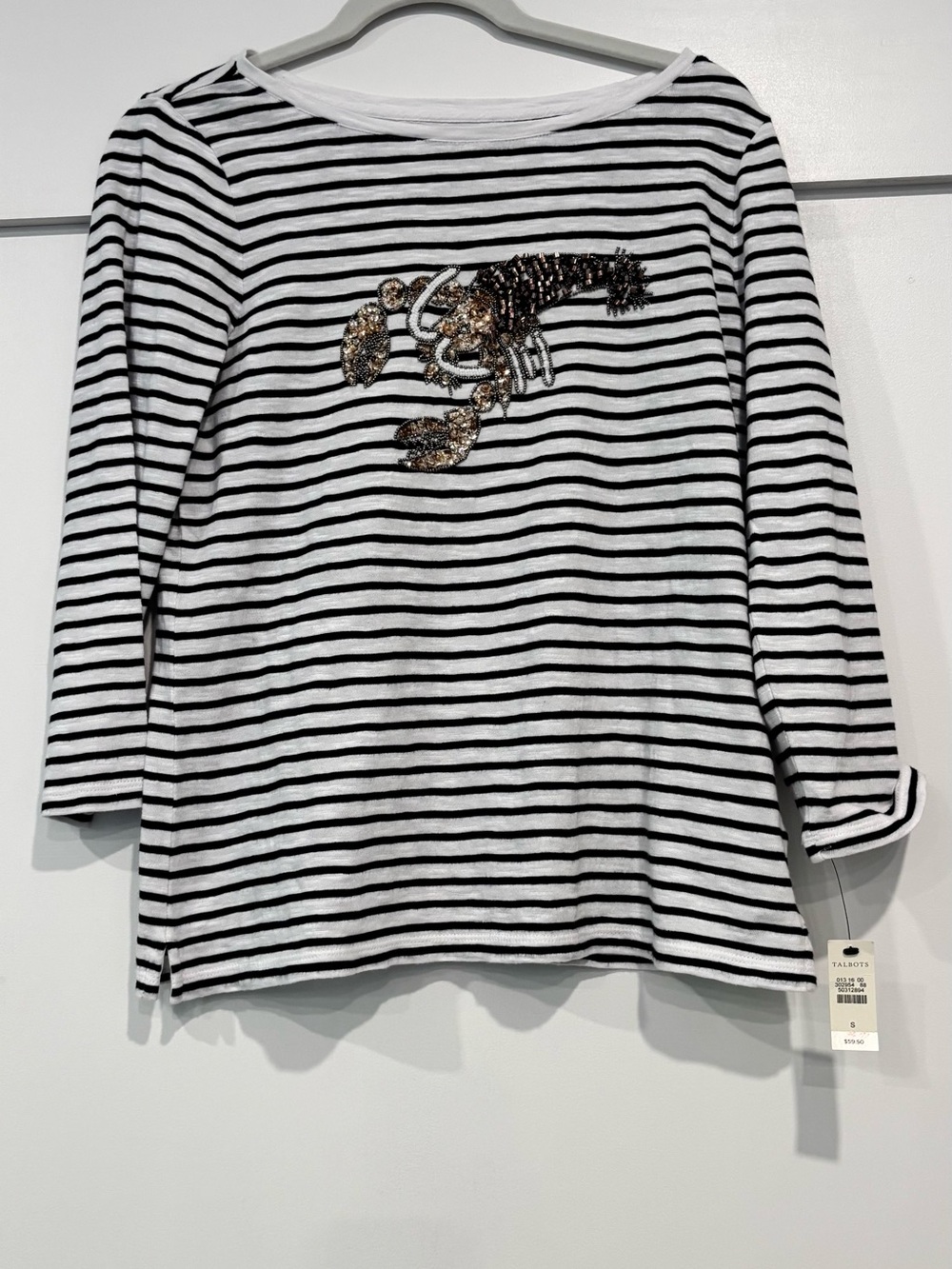 Talbots Black and White Striped Long Sleeve Tee with Sequin Lobster